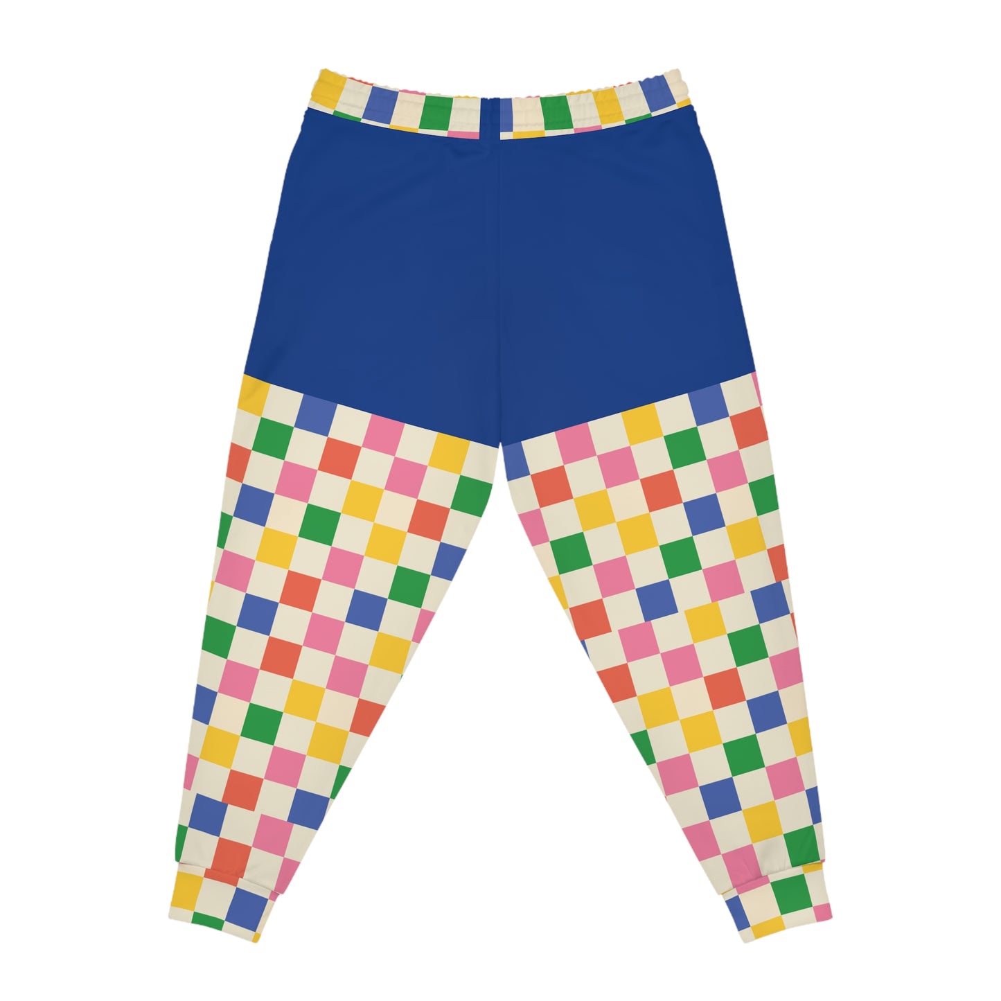 Back view of Retro Pop Joggers showcasing colorful checkerboard design, comfortable unisex fit, and retro gaming-inspired aesthetic.