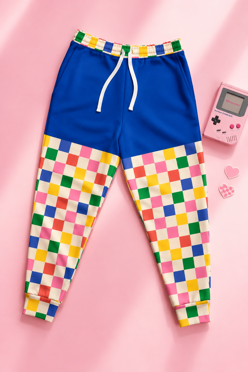 Retro Pop Joggers flat lay mockup featuring colorful checkerboard legs, blue upper section, soft pink gradient background, and retro gaming accessories.