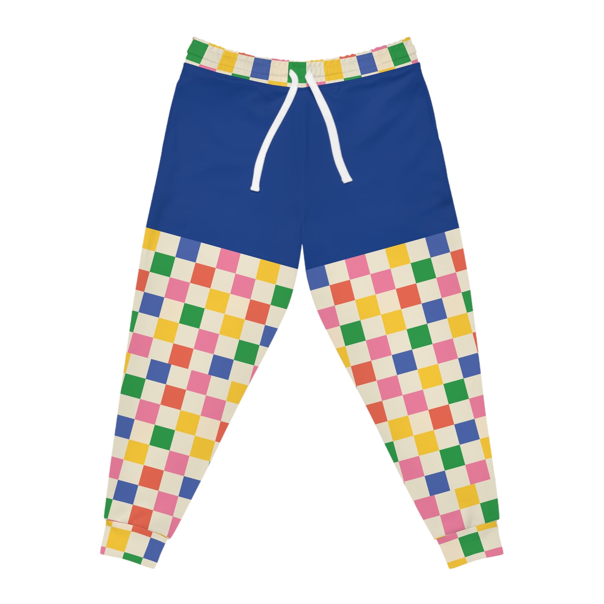 Front view of Retro Pop Joggers featuring vibrant multicolor checkerboard pattern, blue upper panel, elastic waistband, and tapered fit.