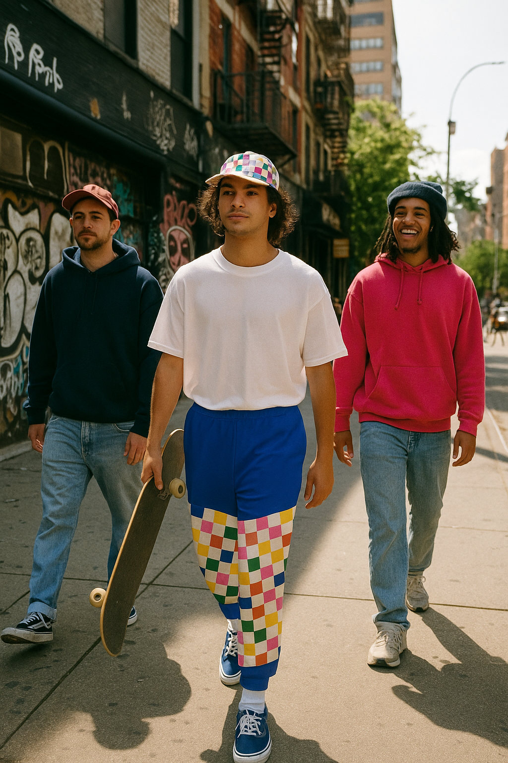 Gen Z model wearing Retro Pop Joggers with colorful checkerboard pattern walking through an urban streetwear scene with friends and skateboard culture inspiration.
