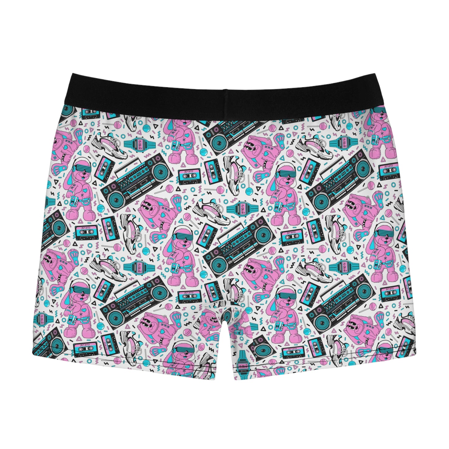 Back view of retro pop men’s boxer briefs with colorful all-over 80s graphic pattern