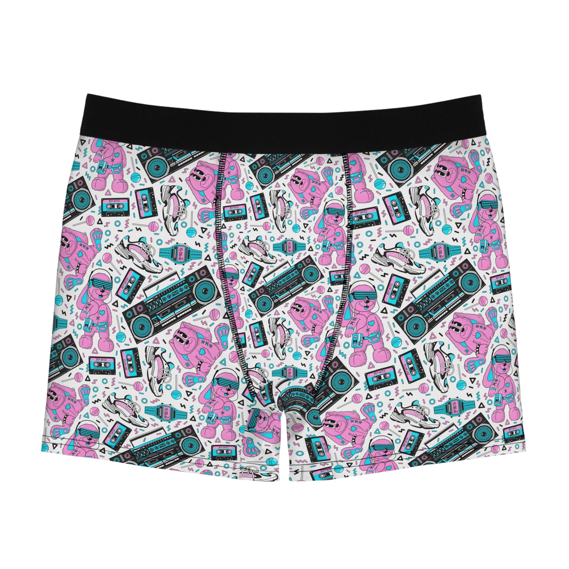 Retro pop men’s boxer briefs with colorful boombox, cassette tape and 80s-inspired graphic print, front view