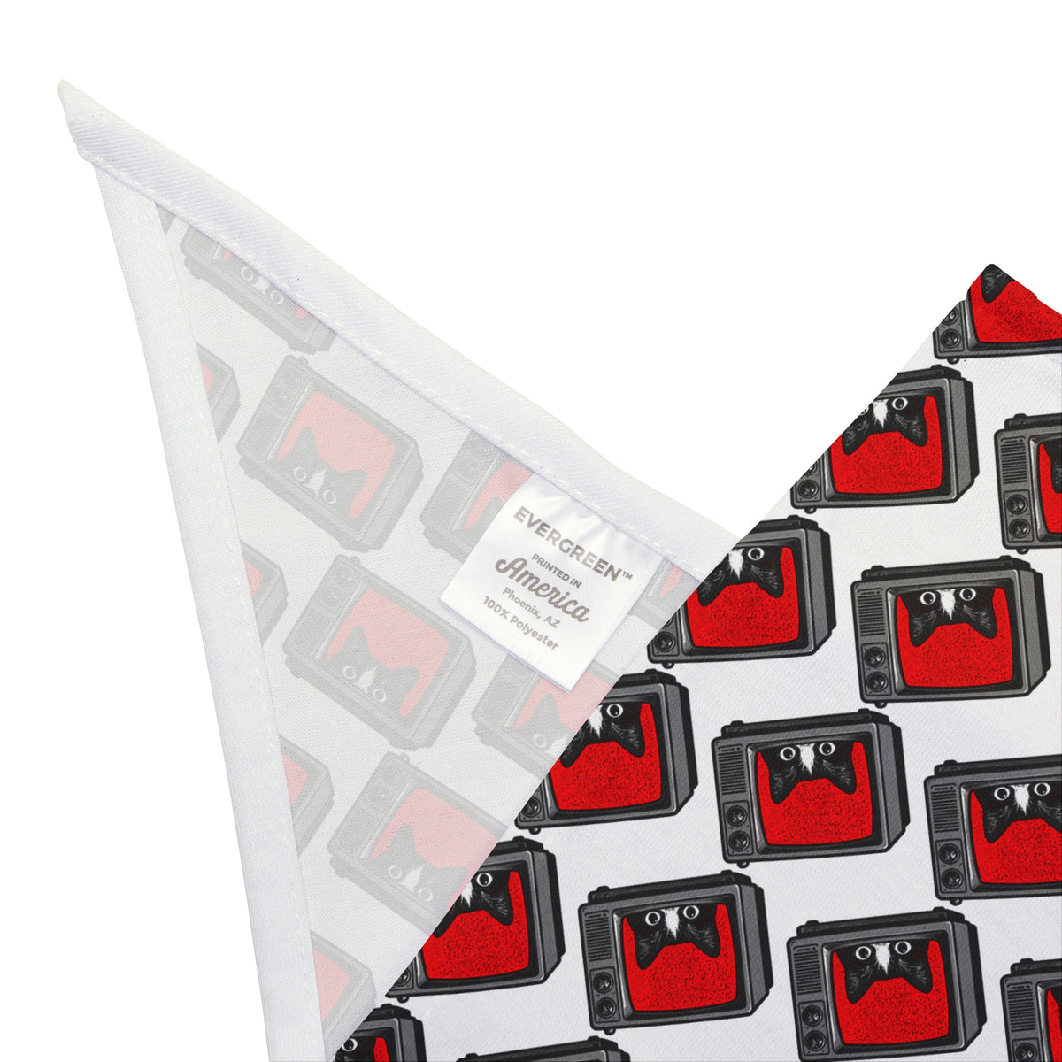 Close-up detail of retro TV cat pet bandana fabric and repeating print