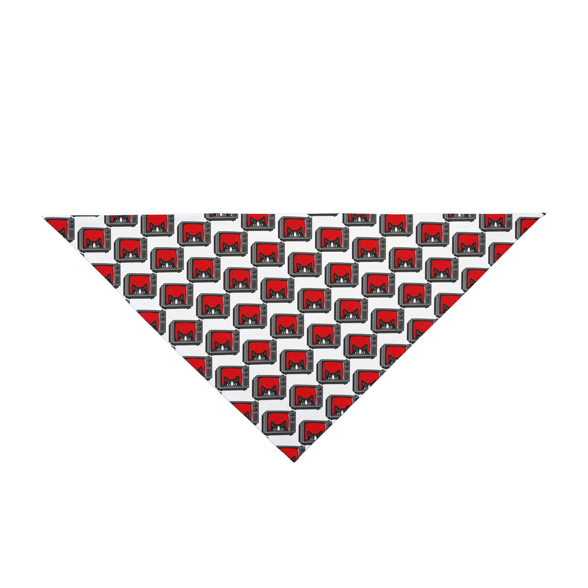 Retro TV cat pet bandana front view with repeating red television cat print