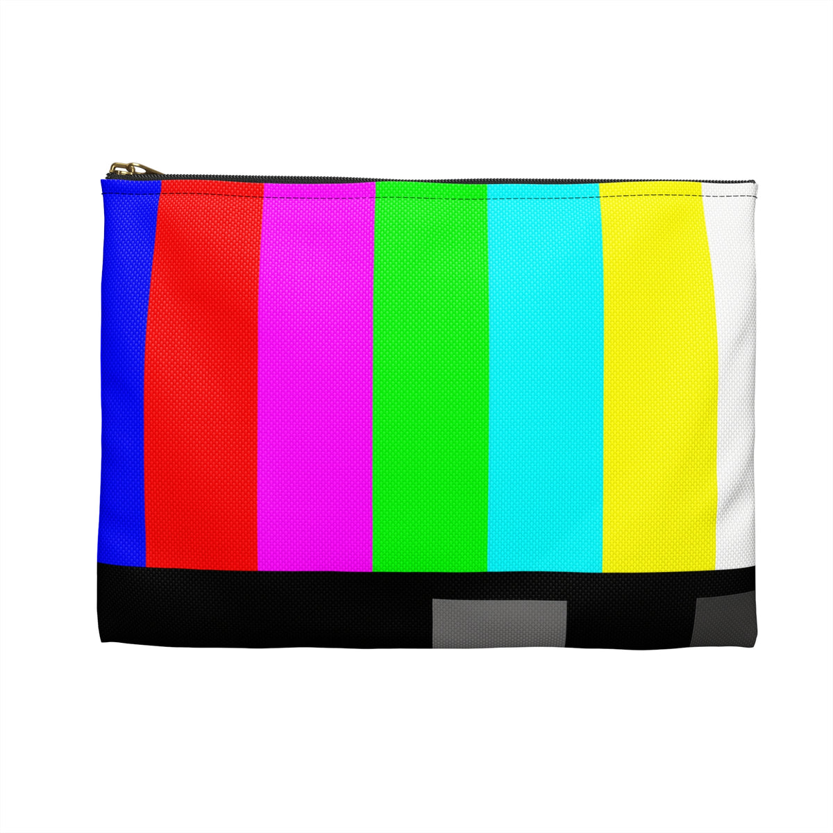 Back view of retro TV color bars accessory pouch with reversed multicolor television test pattern.