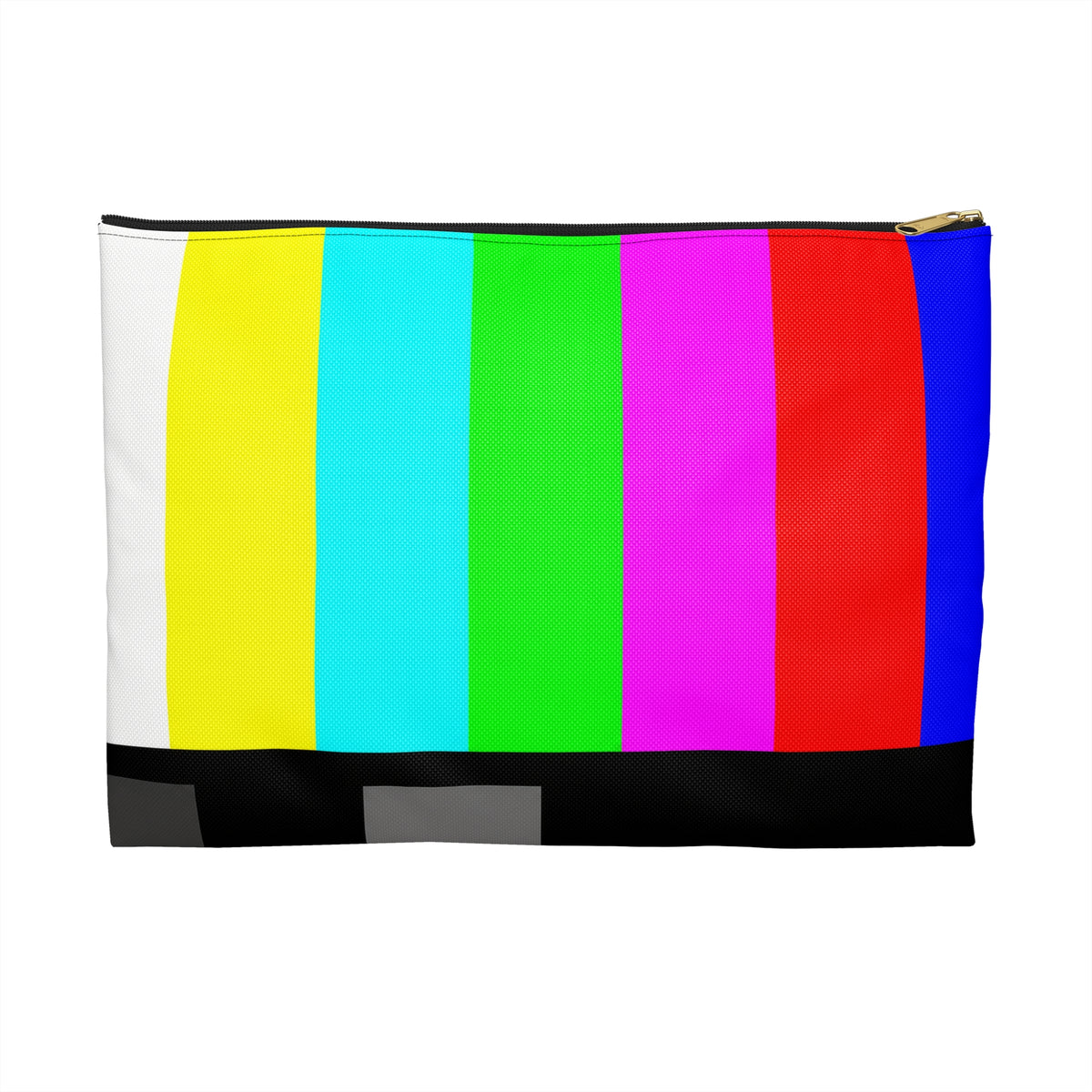 Front view of retro TV color bars accessory pouch featuring a vibrant vintage broadcast test pattern.
