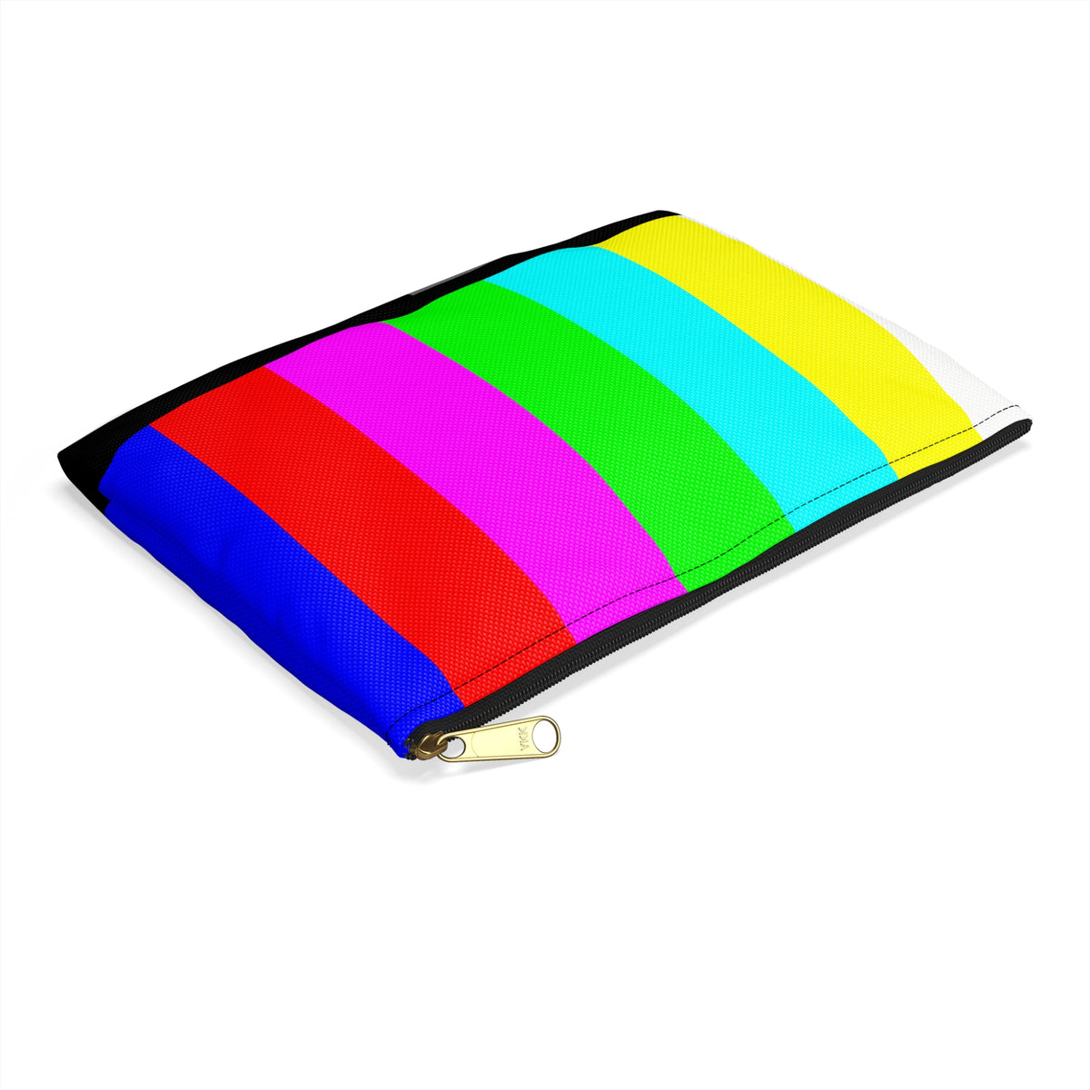 Side view of retro TV color bars accessory pouch showing its flat shape and colorful polyester fabric.