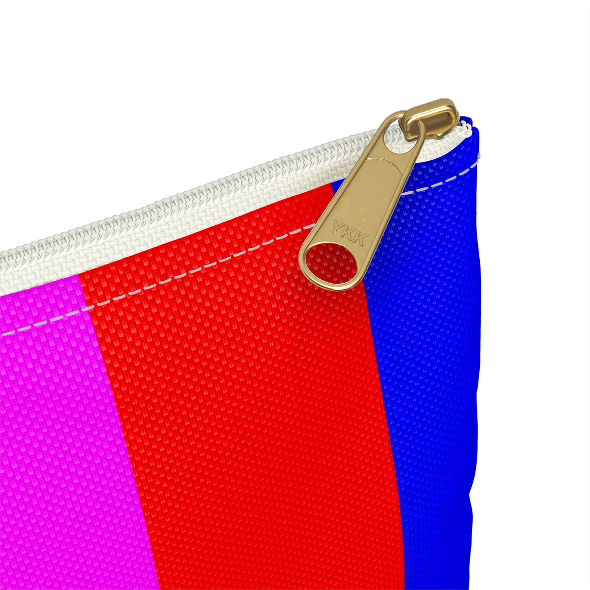 Close-up of the retro TV color bars accessory pouch showing its polyester fabric, black zipper and gold-tone zipper pull.