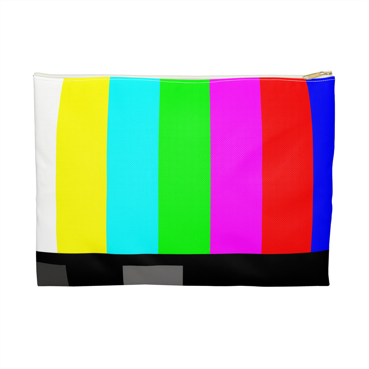 Multicolor retro television test pattern zipper bag with classic broadcast color bars and black bottom panel.