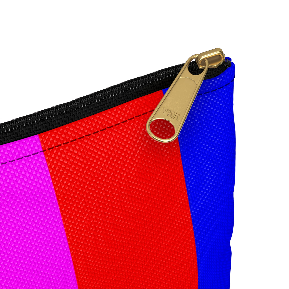 Detailed view of the TV color bars pouch showing the gold-tone zipper pull, black zipper and vibrant graphic print.