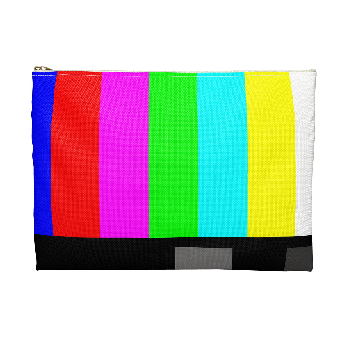 Back of colorful retro TV test pattern accessory bag with classic broadcast stripes and black zipper.