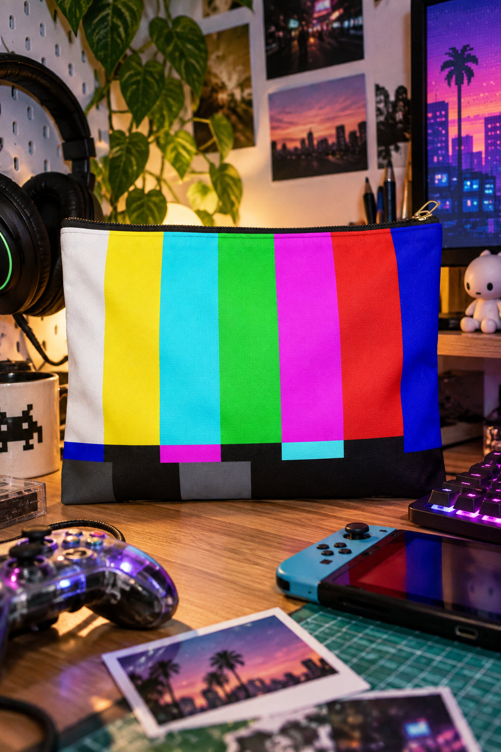 Colorful retro television test pattern pouch on a gaming desk with headphones, controller and neon-lit monitor.