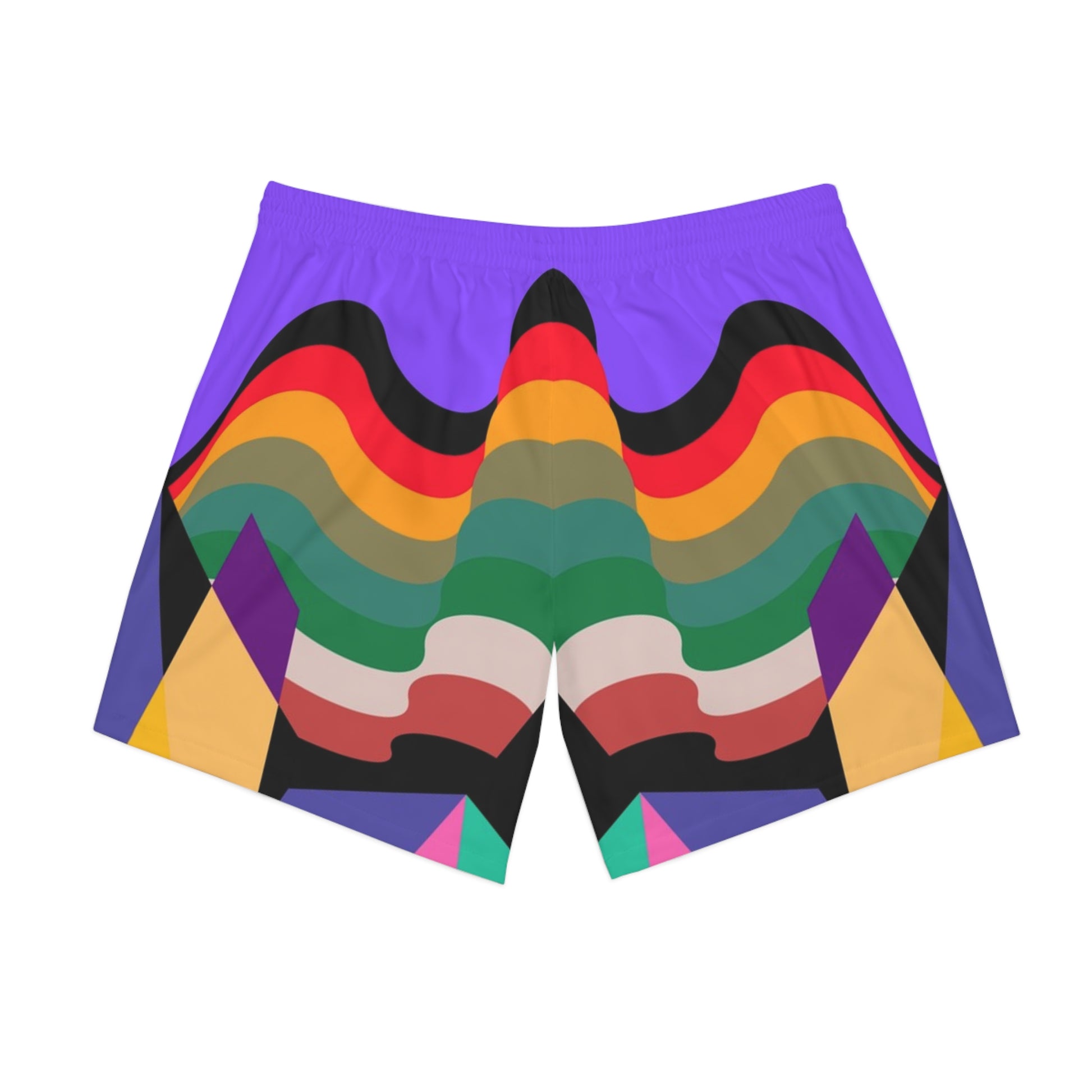 Back view of colorful retro wave beach shorts inspired by psychedelic surf culture