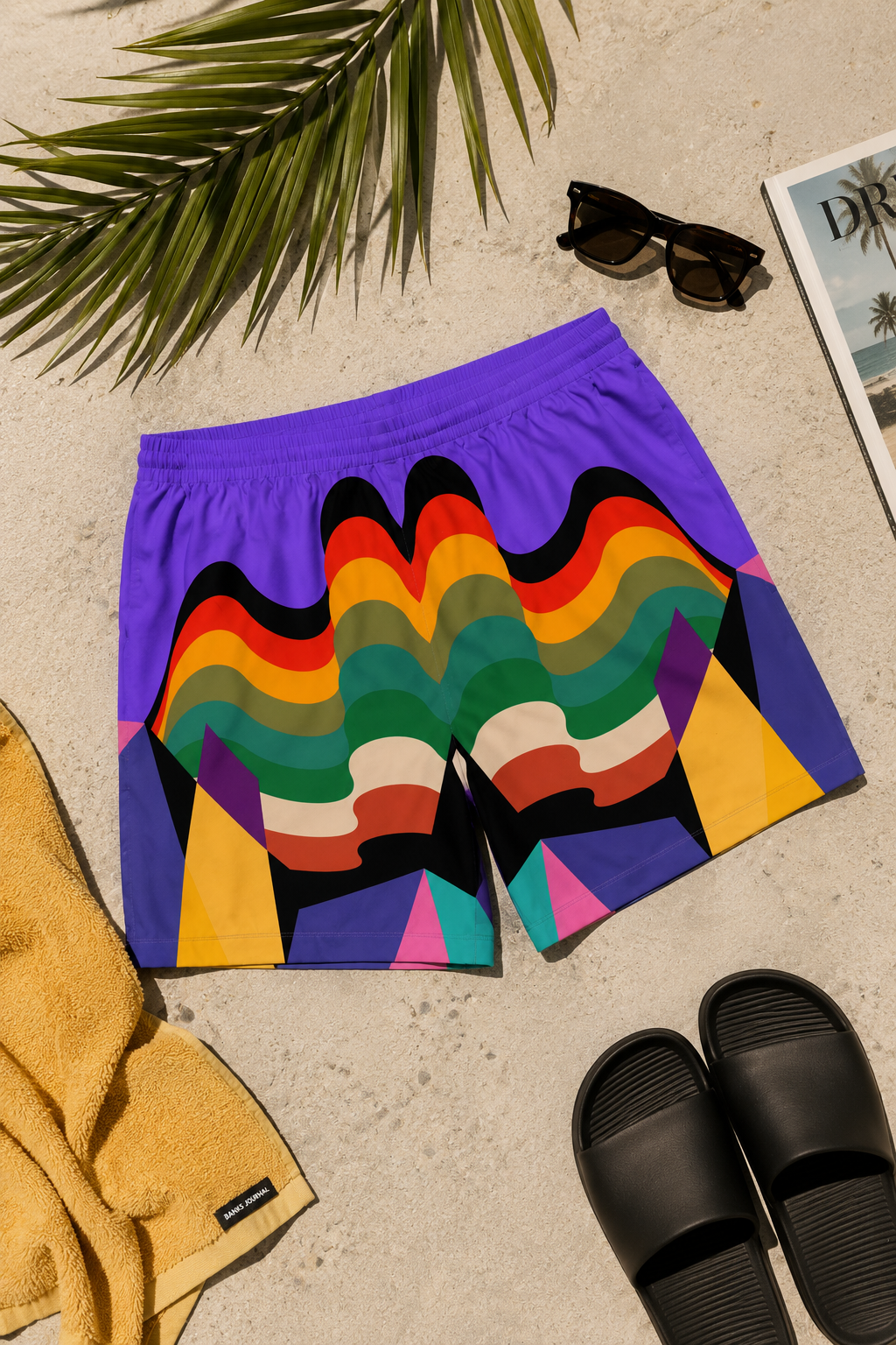 Colorful retro wave beach shorts styled in tropical summer flat lay with sandals and palm shadows