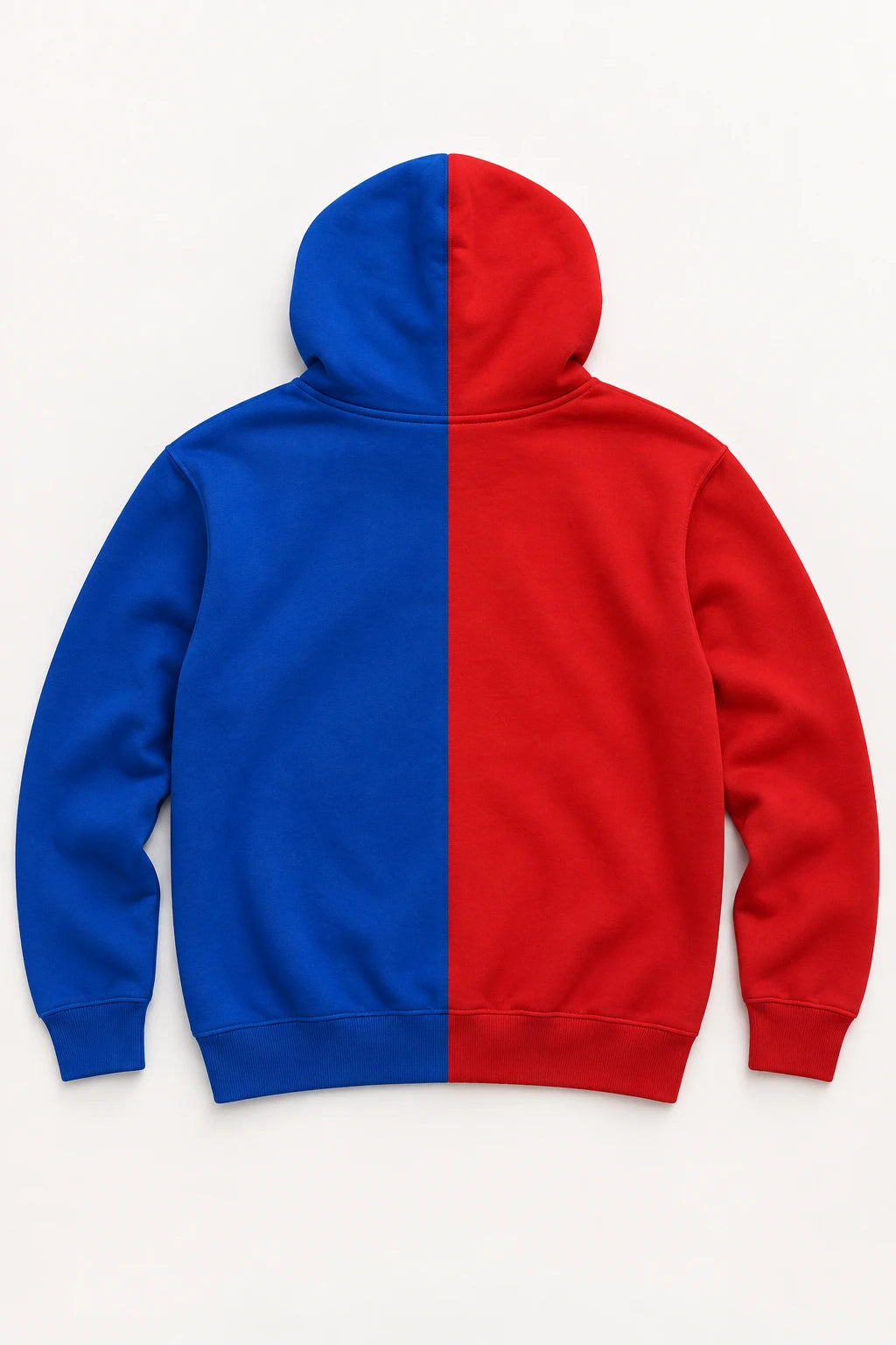 Back flat lay of RH Positive red and blue split color hoodie with two tone color block design.