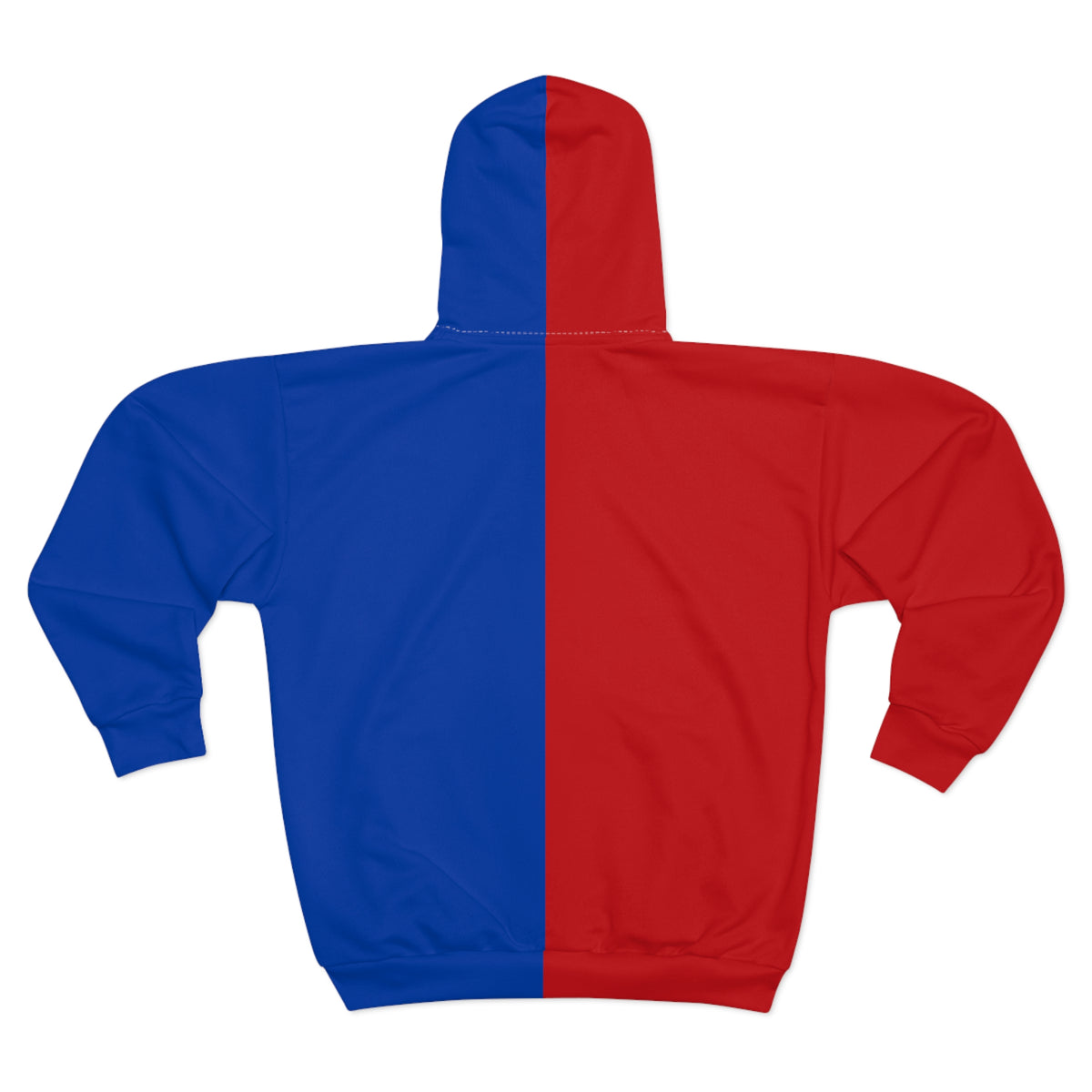 Back view of RH Positive red and blue split color hoodie on white background.