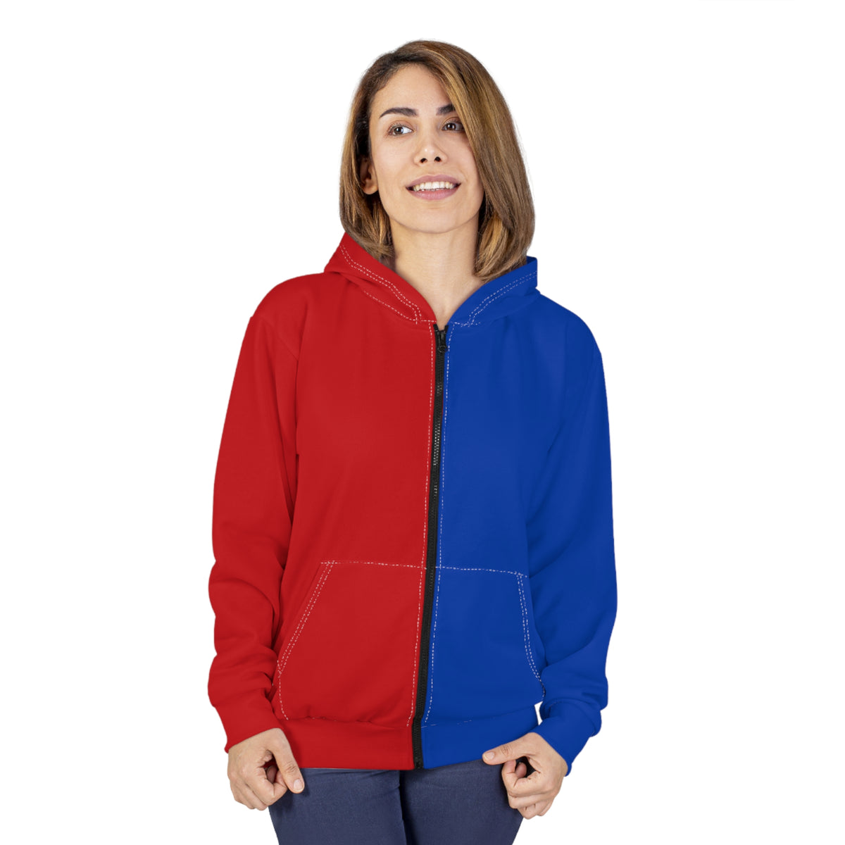 Female model wearing the RH Positive red and blue split color hoodie with bold two tone color blocking.