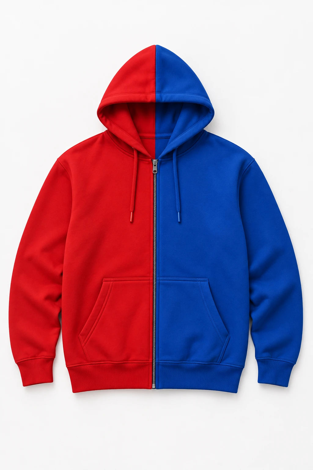 Front flat lay of RH Positive red and blue split color hoodie with two tone design.