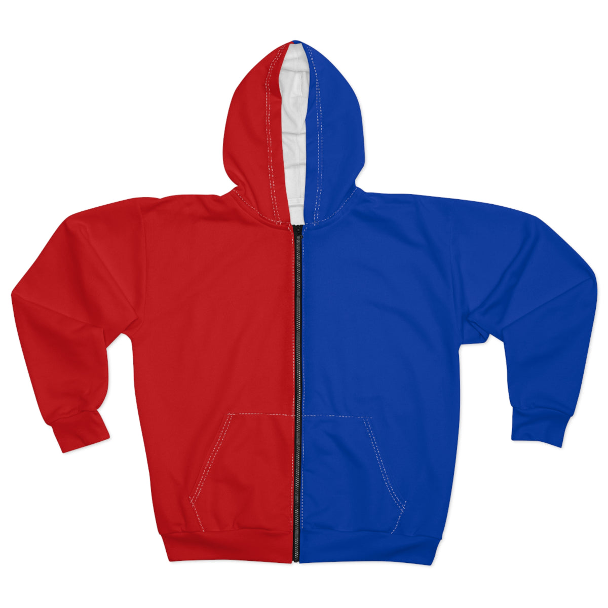 Front view of RH Positive red and blue split color hoodie on white background.