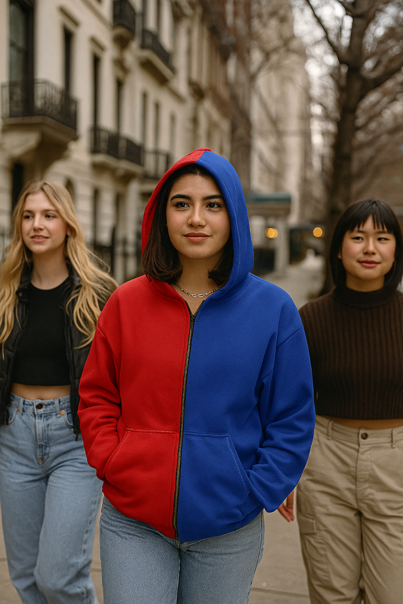 Woman wearing the RH Positive red and blue split color hoodie walking outdoors with friends.
