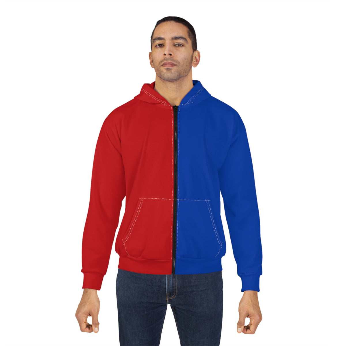 Male model wearing the RH Positive red and blue split color hoodie with two tone design.