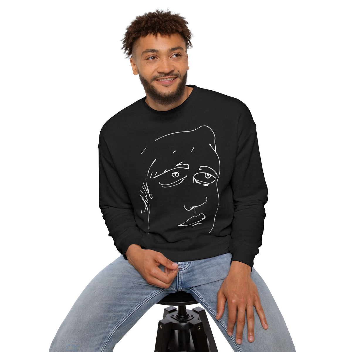 Man wearing the Roger black sweatshirt with hand-drawn abstract face artwork in a casual lifestyle pose.