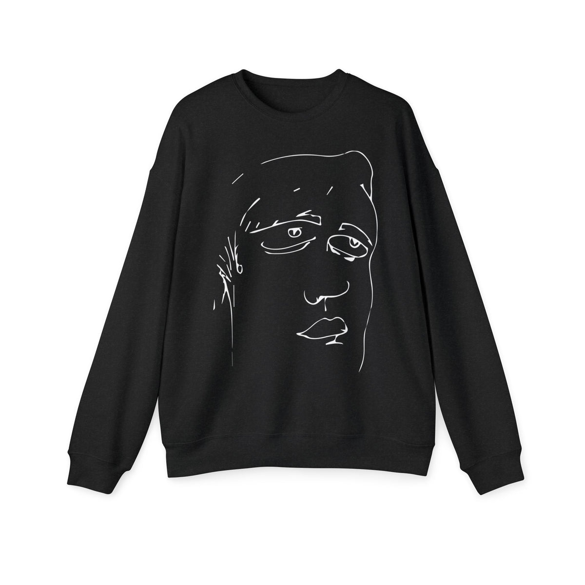Front view of Roger black sweatshirt with original hand-drawn abstract face artwork.