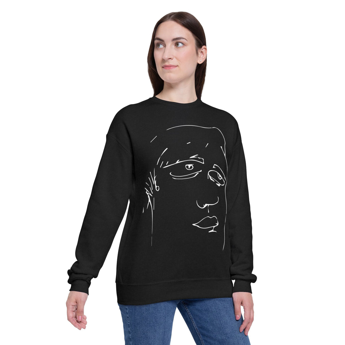 Female model wearing the Roger black abstract face graphic crewneck sweatshirt from the front.
