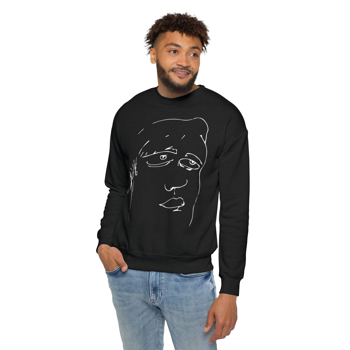 Male model wearing the Roger black abstract face graphic sweatshirt from the front.
