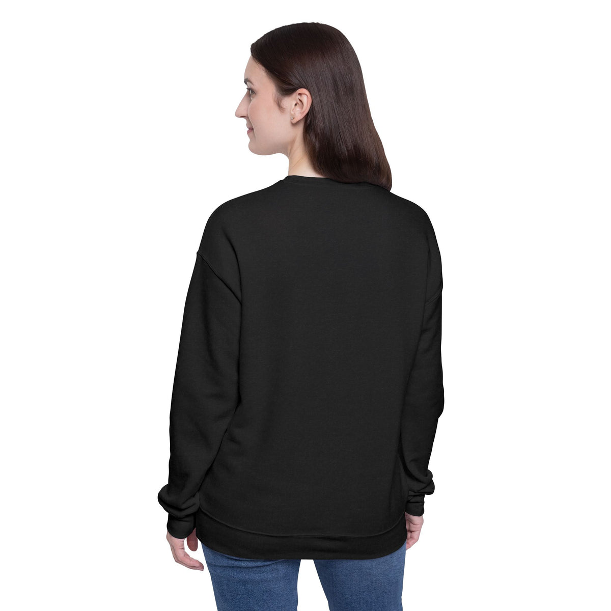 Back view of female model wearing the Roger black crewneck sweatshirt.