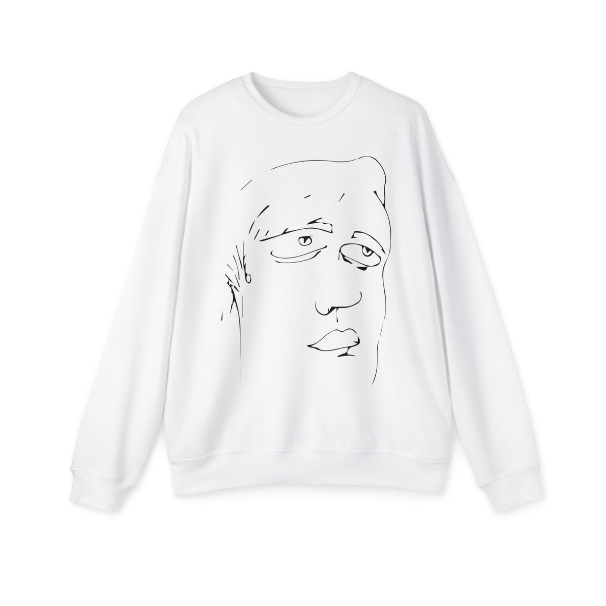 Front view of Roger white sweatshirt with original hand-drawn abstract face artwork.