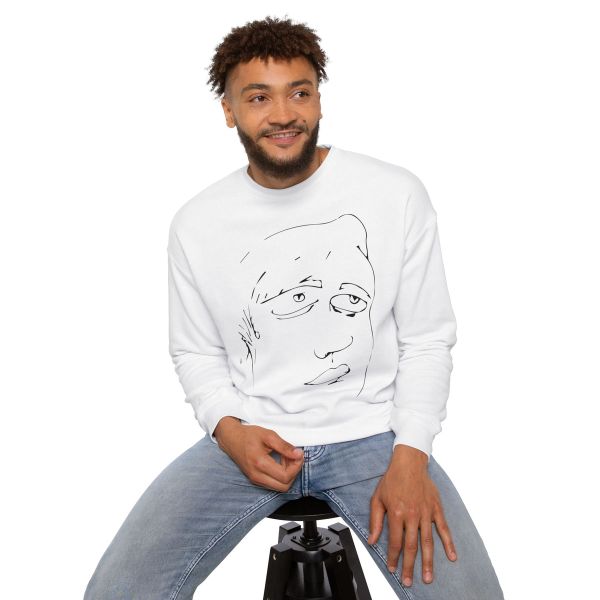 Man wearing the Roger white sweatshirt with hand-drawn abstract face artwork in a casual lifestyle pose.