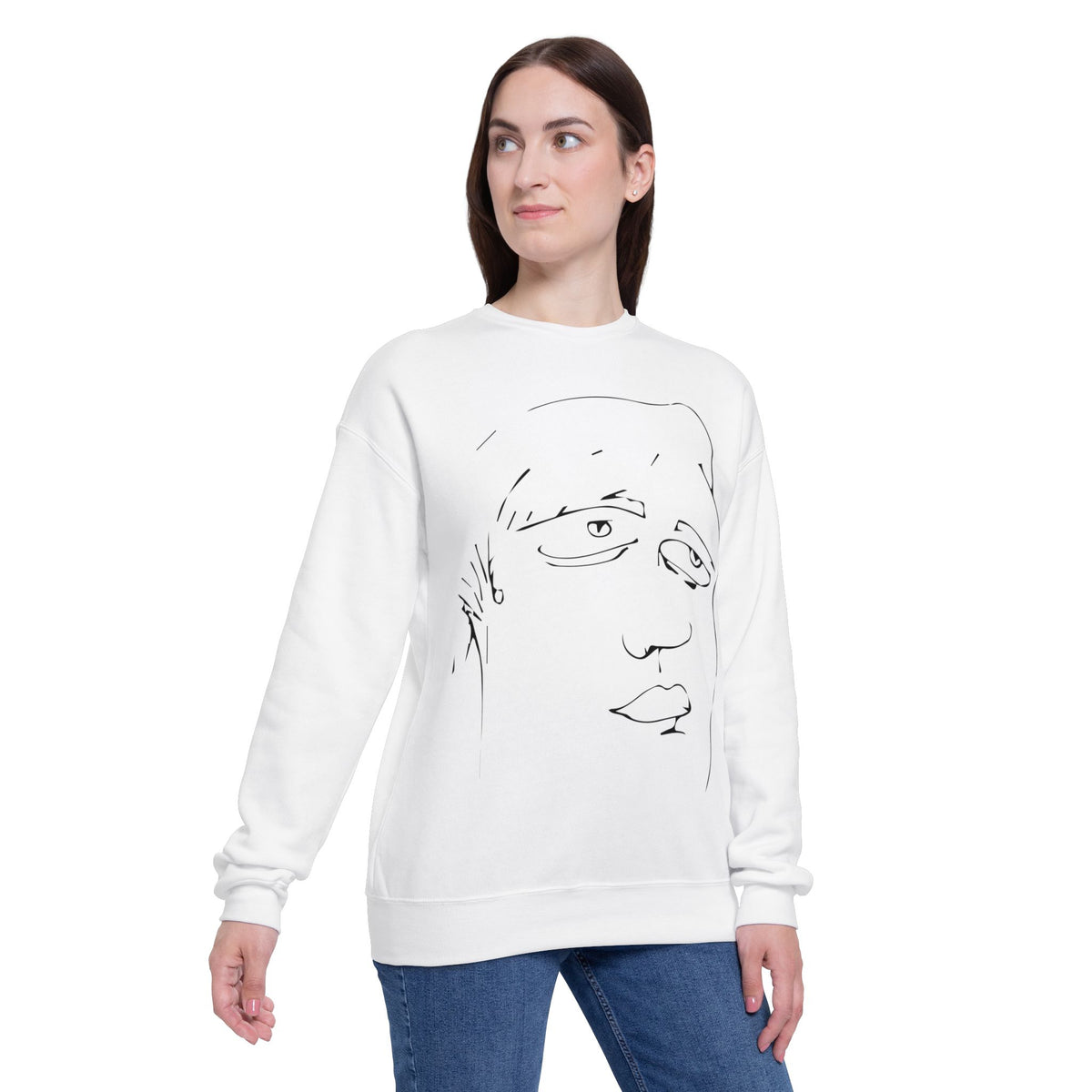 Female model wearing the Roger white abstract face graphic crewneck sweatshirt from the front.