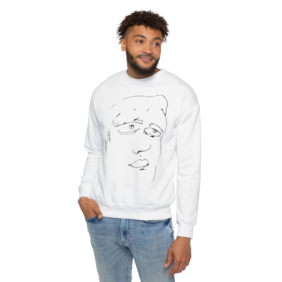 Male model wearing the Roger white abstract face graphic sweatshirt from the front.