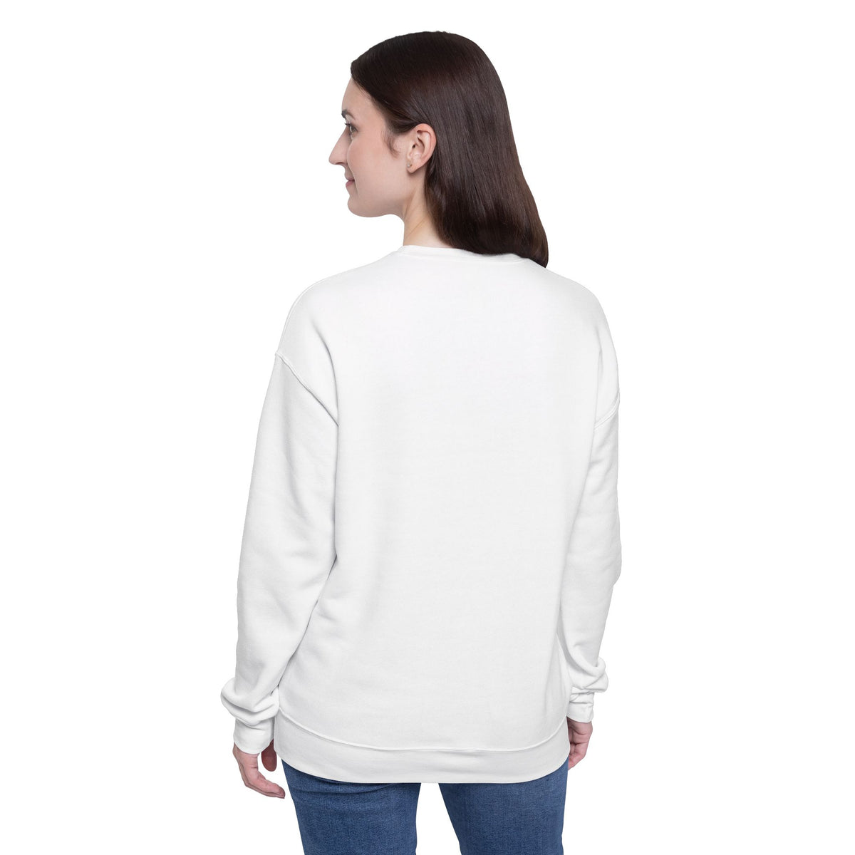 Back view of female model wearing the Roger white crewneck sweatshirt.