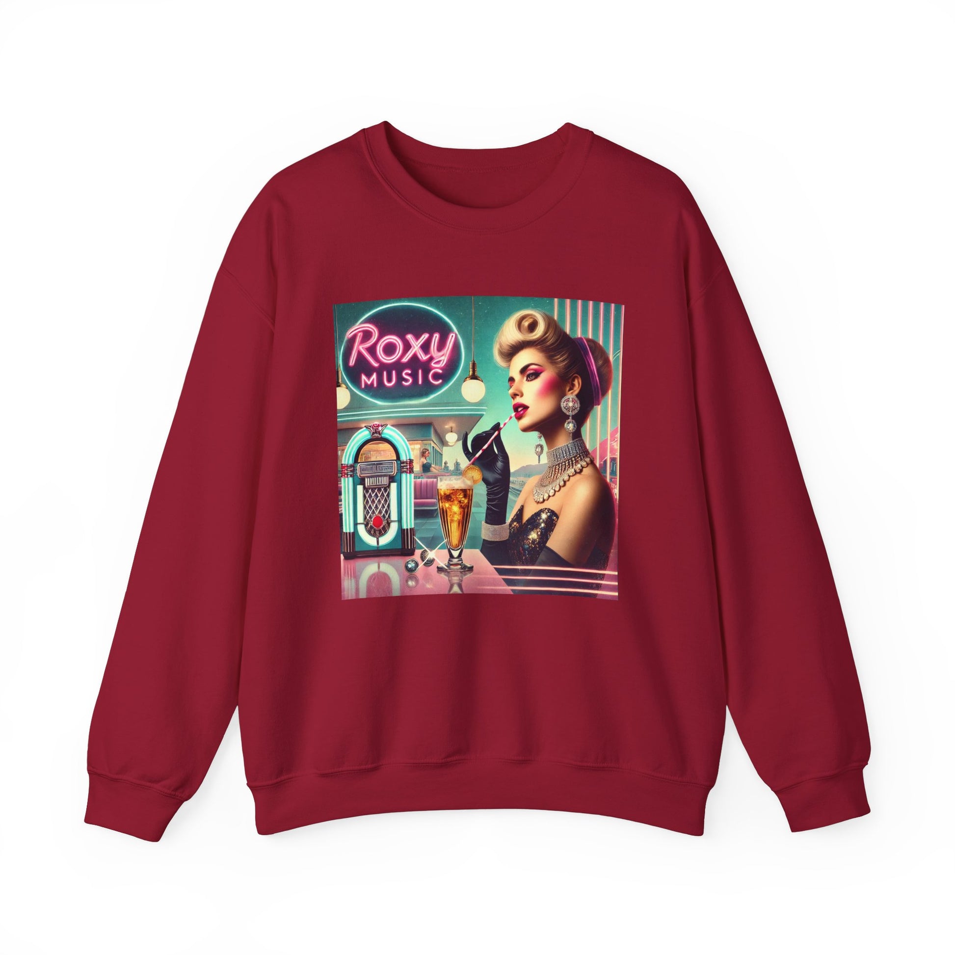 Cardinal red Roxy Music nostalgia sweatshirt with colorful glam rock inspired front graphic.