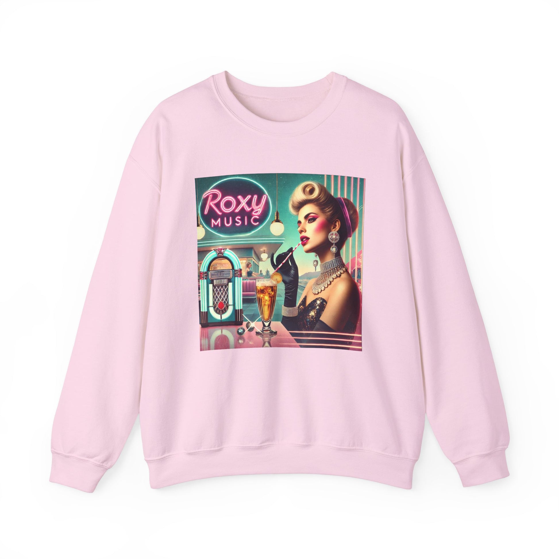 Light pink Roxy Music nostalgia sweatshirt with colorful retro music artwork on the front.