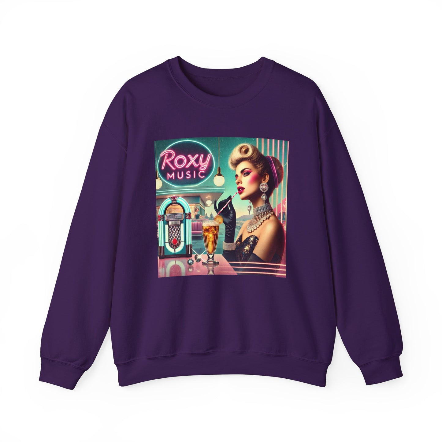 Purple Roxy Music nostalgia sweatshirt featuring retro album cover inspired artwork.