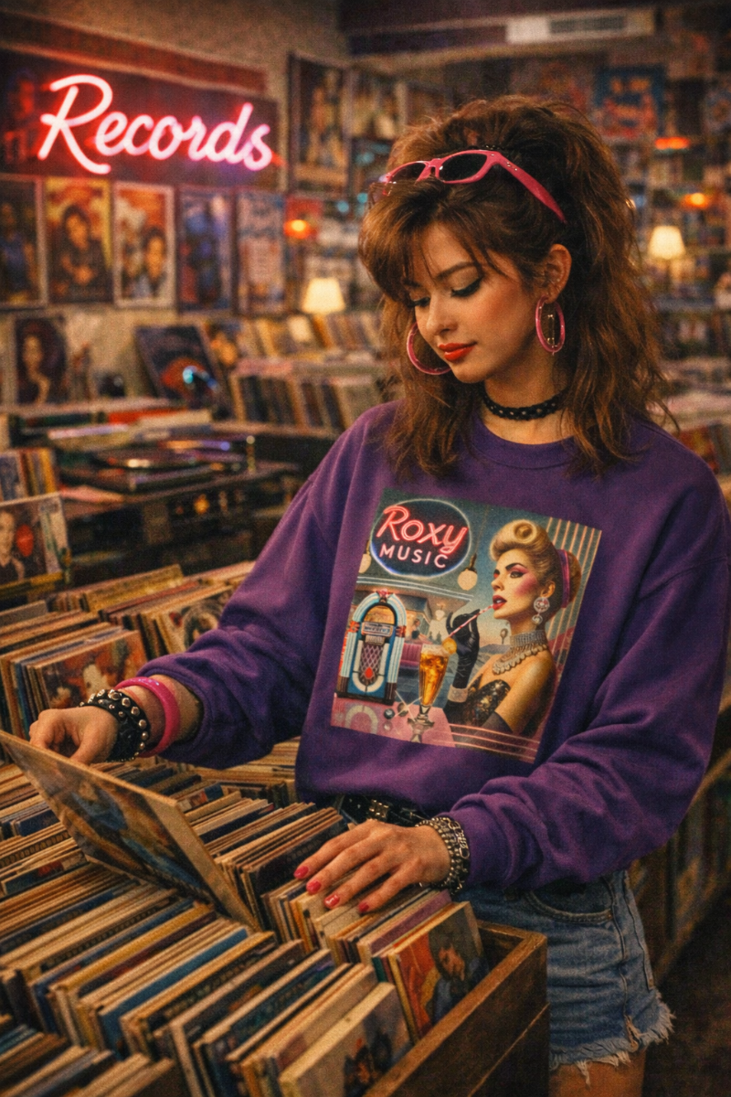 Woman wearing a purple Roxy Music nostalgia sweatshirt while shopping for vinyl records.