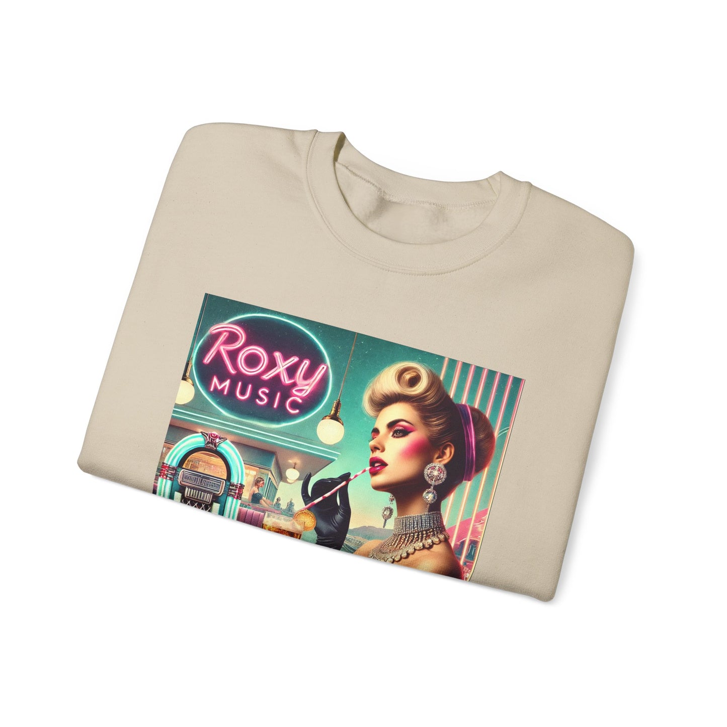 Folded sand Roxy Music sweatshirt showing a close-up of the retro album cover inspired graphic.