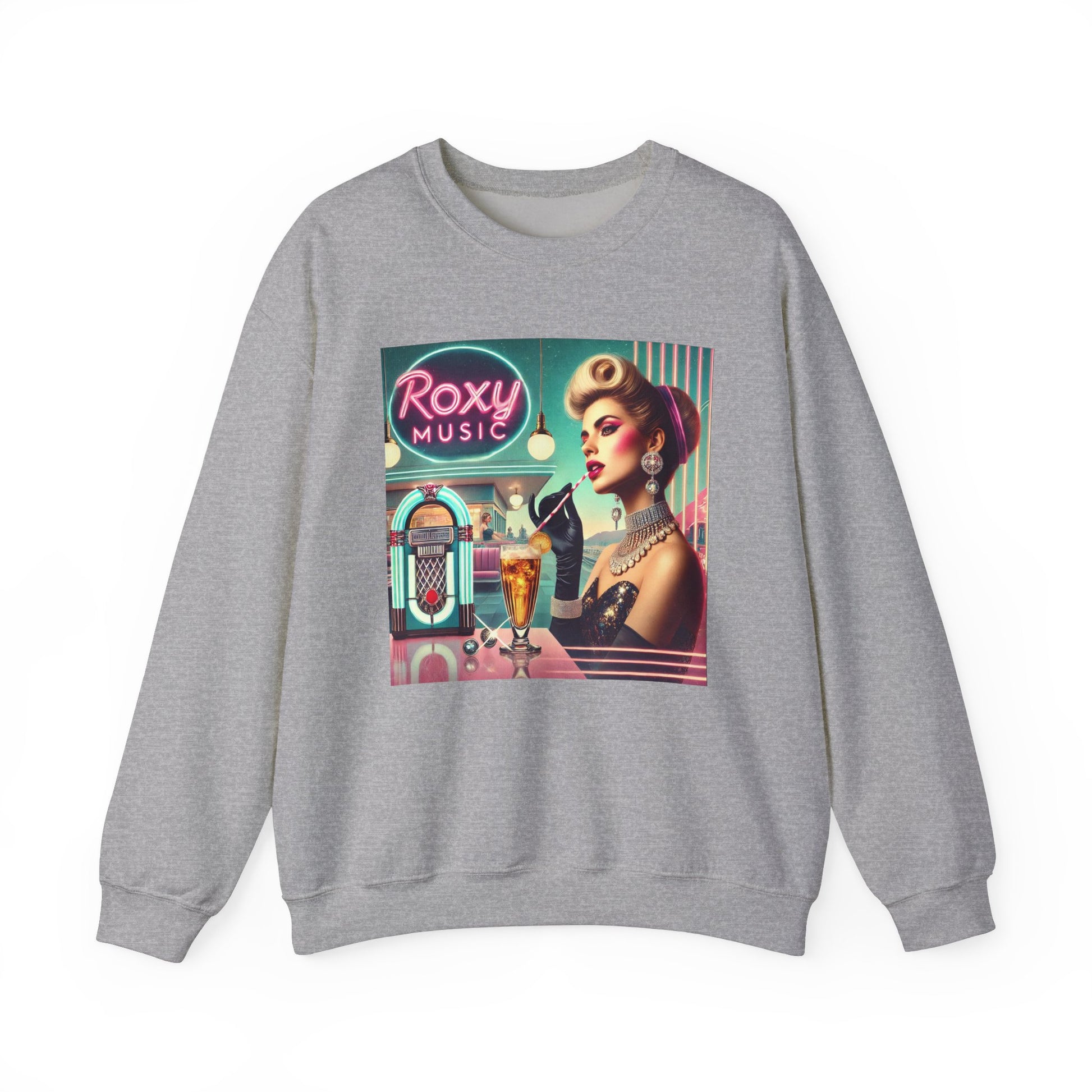 Sport grey Roxy Music nostalgia sweatshirt with colorful vintage music inspired artwork.