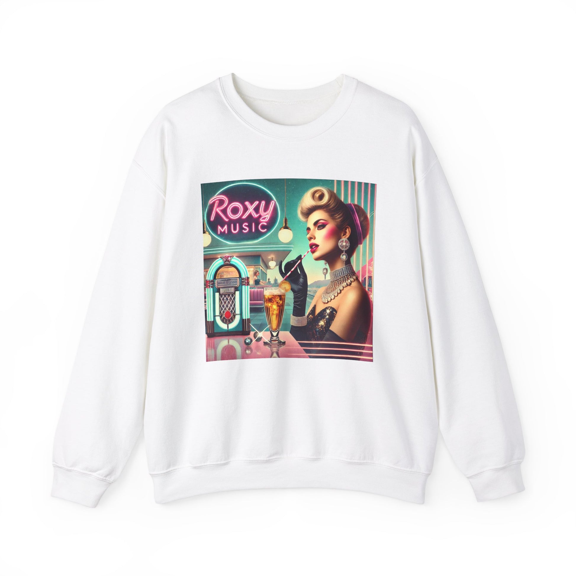 White Roxy Music nostalgia sweatshirt featuring colorful album cover inspired artwork.