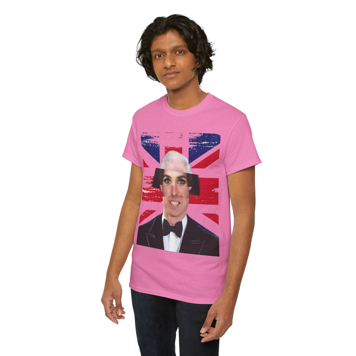Man wearing the bright pink Tantrum Media Royal Frankenstein T-Shirt with its royal face collage and Union Jack front print.