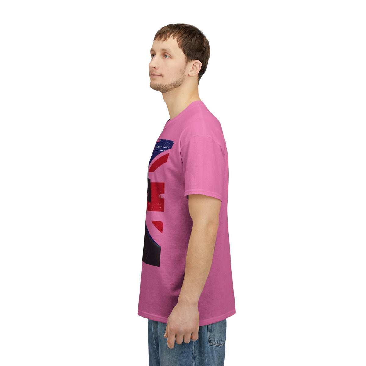 Side view of a man wearing the bright pink Tantrum Media Royal Frankenstein T-Shirt with blue jeans.