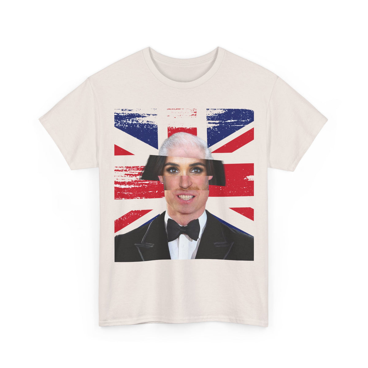 Front view of the ivory Tantrum Media Royal Frankenstein T-Shirt with a royal face collage and red, white, and blue Union Jack graphic.