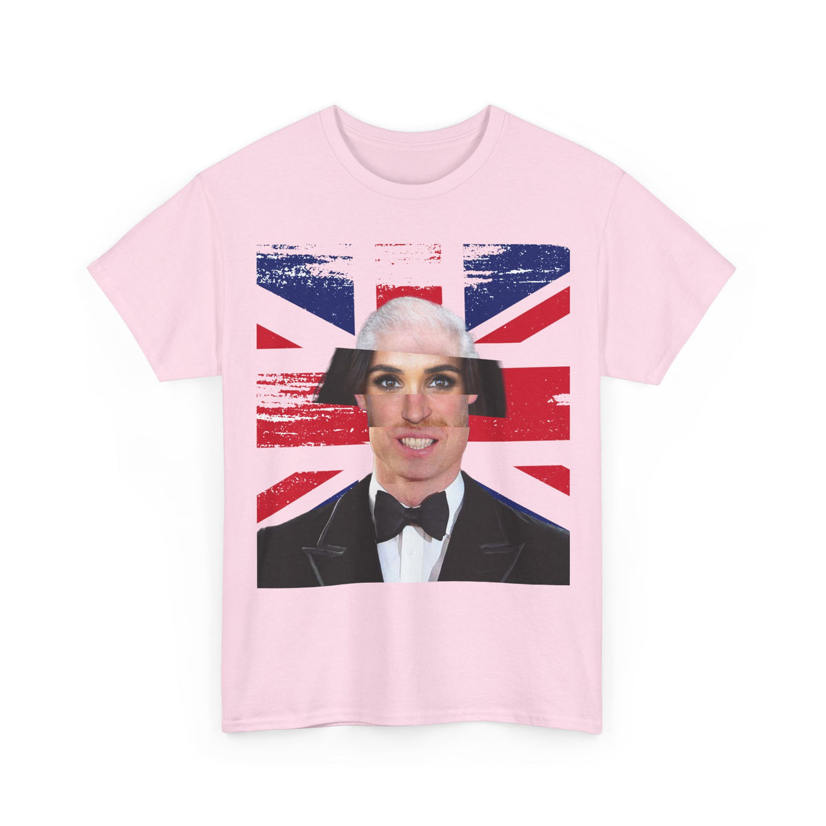 Front view of the light pink Tantrum Media Royal Frankenstein T-Shirt featuring a royal portrait collage over a distressed Union Jack.