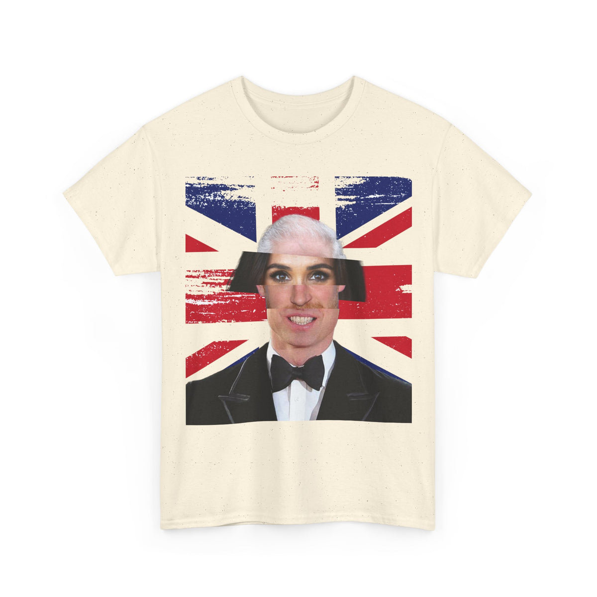 Front view of the natural Tantrum Media Royal Frankenstein T-Shirt featuring a tuxedo portrait collage against a distressed Union Jack.