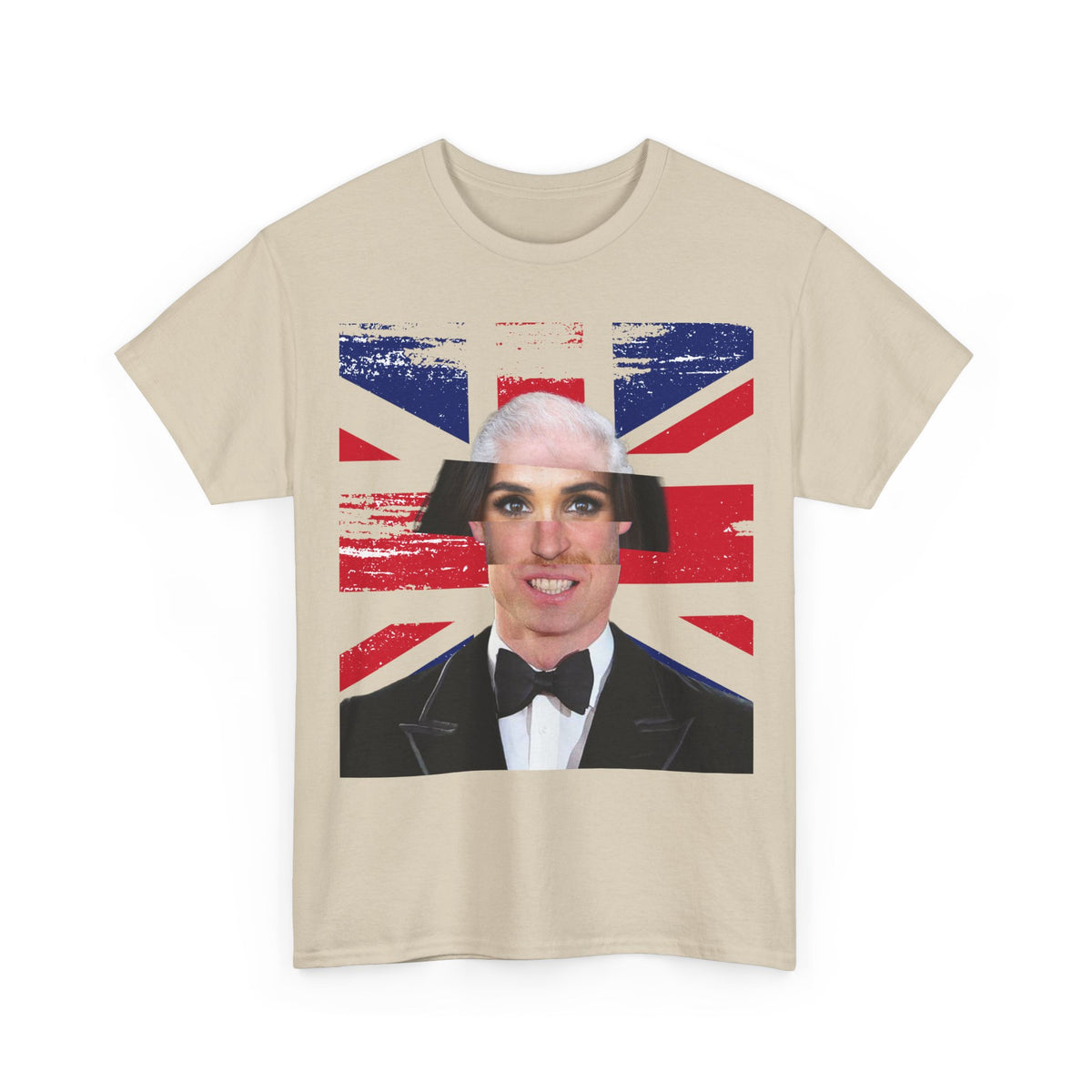 Front view of the sand Tantrum Media Royal Frankenstein T-Shirt with a distressed Union Jack and royal face collage.