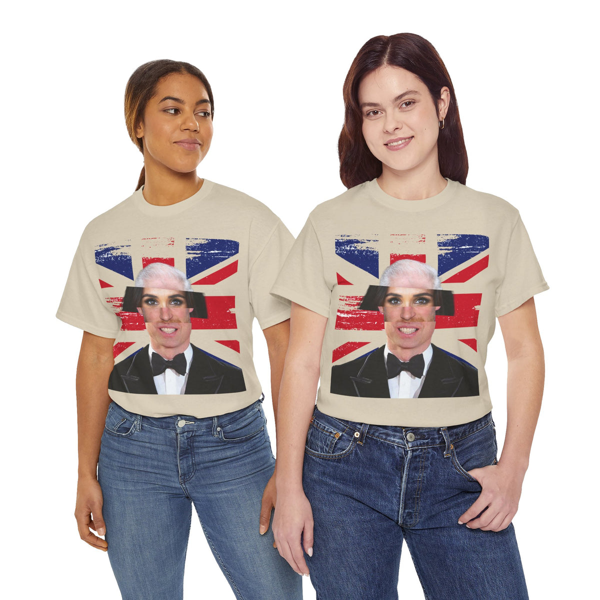 Two women wearing the sand Tantrum Media Royal Frankenstein T-Shirt, showing its royal collage graphic and unisex fit.