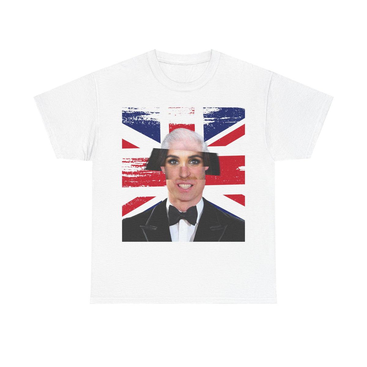 Front view of the white Tantrum Media Royal Frankenstein T-Shirt featuring a royal face collage over a distressed Union Jack.